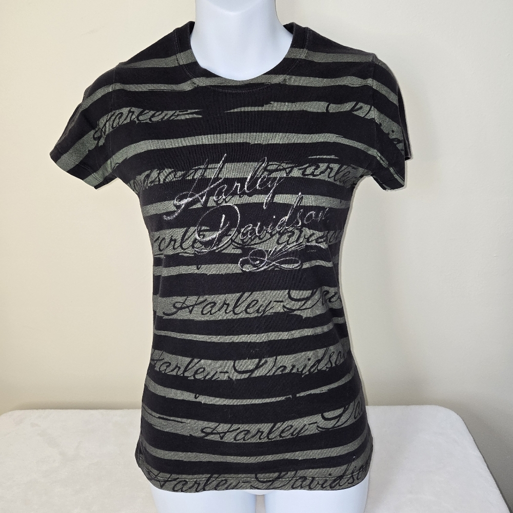 Harley-Davidson Women's Black and Gray Striped Tee